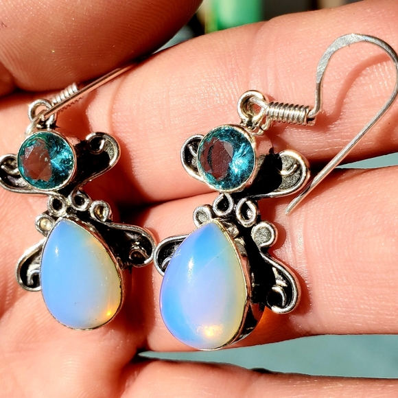 New Fiery Opalite and Blue Quartz Silver Earrings. - Picture 2 of 12